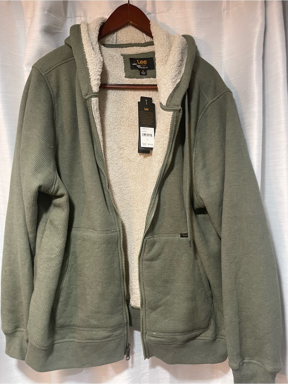 Lee Olive Green Sherpa-Lined Hooded Jacket kangaroo pockets